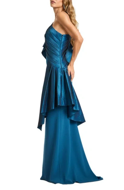 Tadashi Shoji Draped One-shoulder Taffeta Crepe Gown In Blue