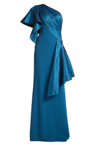 Tadashi Shoji Draped One-shoulder Taffeta Crepe Gown In Blue