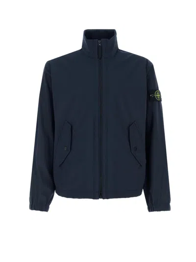 Stone Island Stretch Polyester Jacket Elastic Cuffs High Collar In Blue