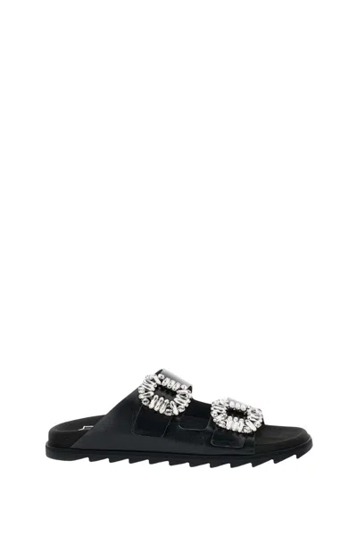 Roger Vivier Flat Black Sandals With Crystal Embellishments
