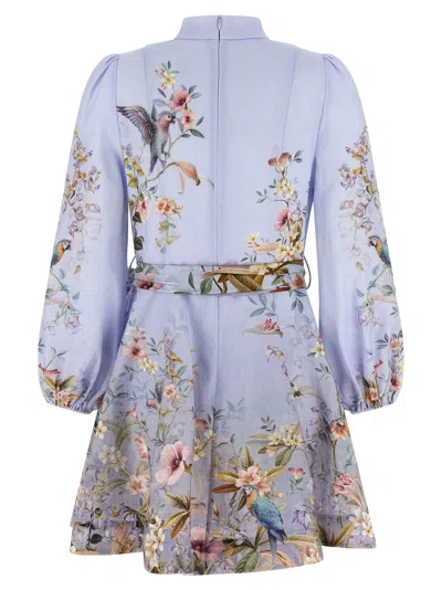 Zimmermann Rebellion Multicolor Midi Dress With Bow Detail On The Front And All-over Floral Print In Linen Woma In Blue