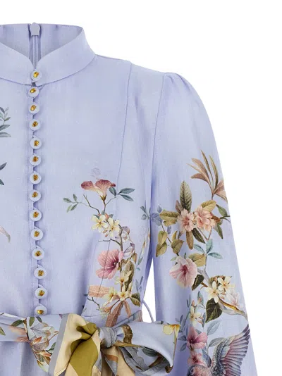 Zimmermann Rebellion Multicolor Midi Dress With Bow Detail On The Front And All-over Floral Print In Linen Woma In Blue