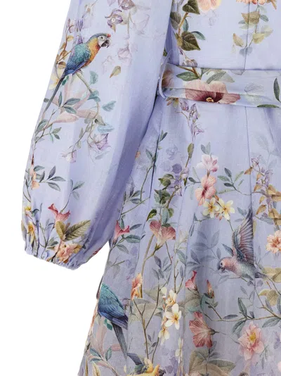 Zimmermann Rebellion Multicolor Midi Dress With Bow Detail On The Front And All-over Floral Print In Linen Woma In Blue