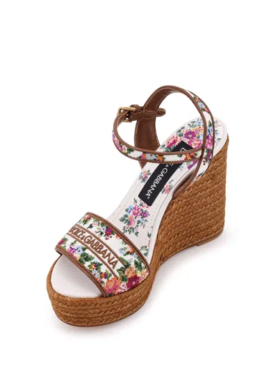 Dolce & Gabbana Leather-trimmed Embroidered Canvas Platform Wedge Sandals In Brown