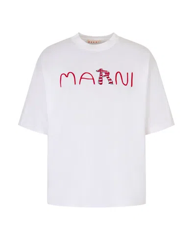 Marni Cotton T-shirt With Flocked Animal Alphabet Logo In White