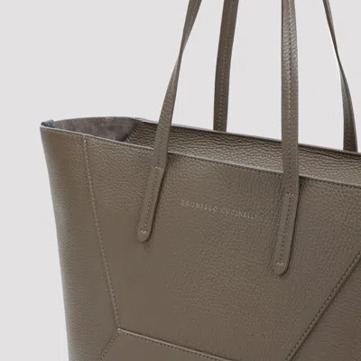Brunello Cucinelli Mud Brown Grained Leather Duo Medium Bag