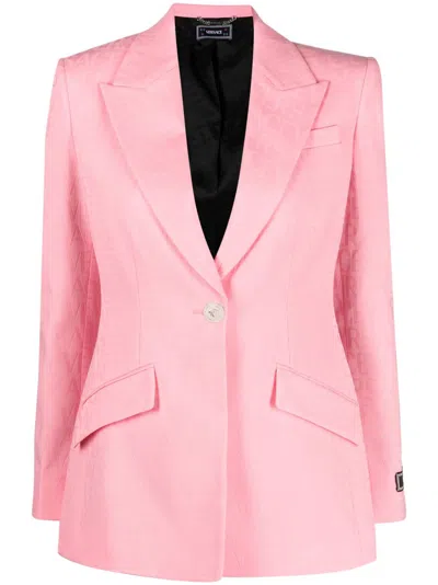 Versace Pink Single-breasted Jacket With All-over Tonal Logo Lettering Print In Pink