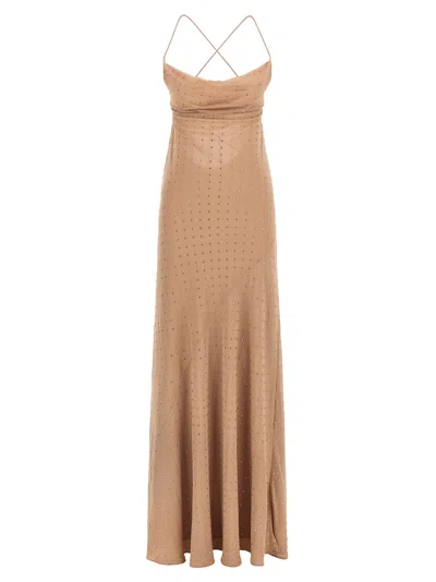 Pinko Beige Long Dress With Draped Neckline And Open Back In Tech Fabric Woman In Gray