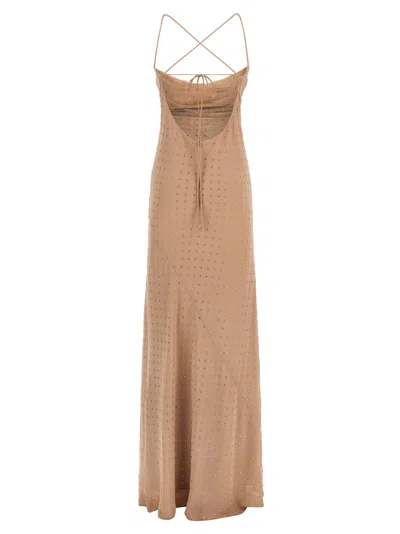 Pinko Beige Long Dress With Draped Neckline And Open Back In Tech Fabric Woman In Gray
