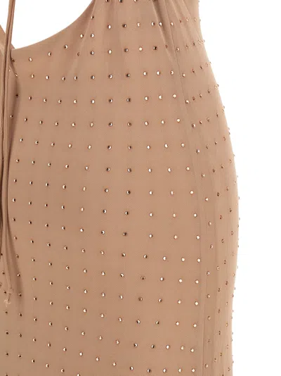 Pinko Beige Long Dress With Draped Neckline And Open Back In Tech Fabric Woman In Gray