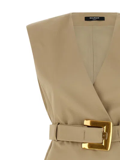 Balmain Wrap Cotton Gabardine Dress Belt Detail In Neutral