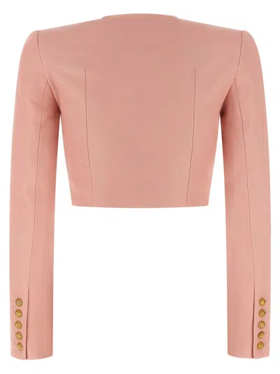 Balmain Women Long Sleeves Buttoned Lambskin Cropped Jacket In Pink