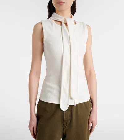 Lemaire Tie-neck Ribbed Stretch-cotton And Linen-blend Jersey Top In White