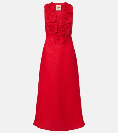 Farm Rio Linen Dress With Floral Appliques And Halterneck In Red