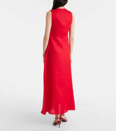 Farm Rio Linen Dress With Floral Appliques And Halterneck In Red