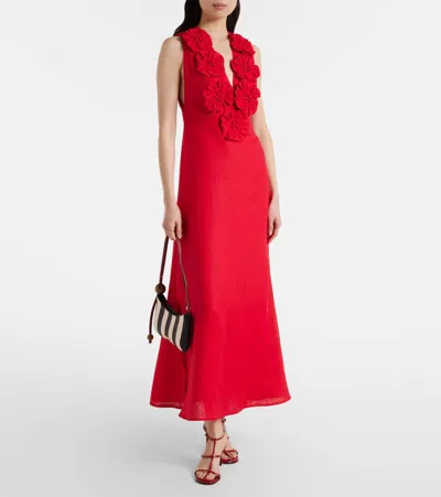 Farm Rio Linen Dress With Floral Appliques And Halterneck In Red