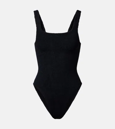 Hunza G High-cut Leg Square Neckline Textured Fabric In Black
