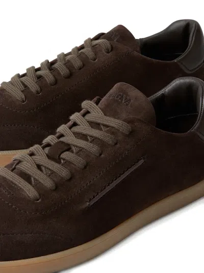 Zegna Suede Low Profile Sneakers Rubber Sole In Brown