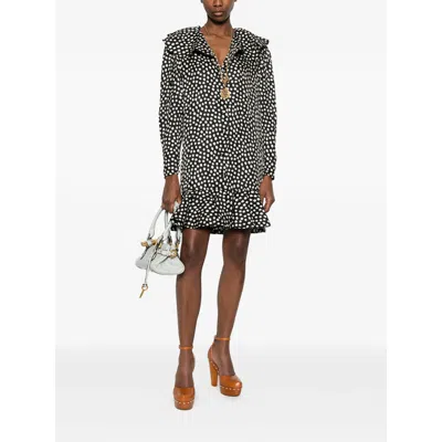 Chloé Dots-print Silk Jacquard Capelet Long-sleeve Mini Dress In Black