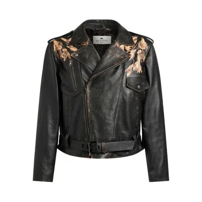 Etro Leather Biker Jacket With Placed Leopard Print In Black