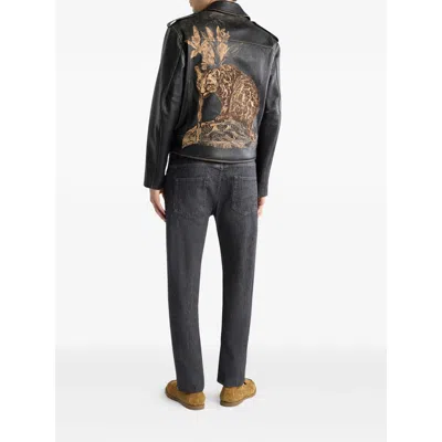 Etro Leather Biker Jacket With Placed Leopard Print In Black