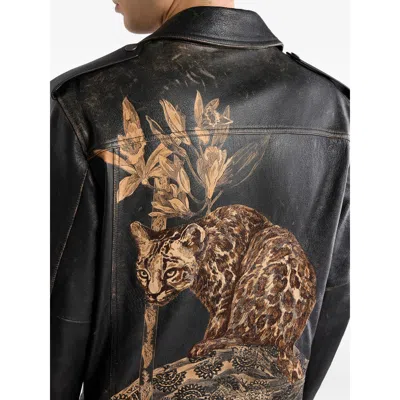Etro Leather Biker Jacket With Placed Leopard Print In Black