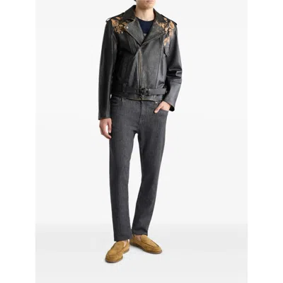 Etro Leather Biker Jacket With Placed Leopard Print In Black