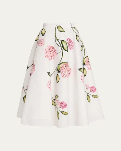 Oscar De La Renta Porcelain Flowers Stretch Cotton Poplin A-line Midi Skirt In White