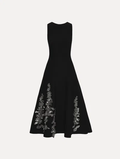 Oscar De La Renta Embroidered Foxglove Sleeveless Midi Dress In Black