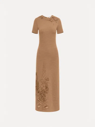 Oscar De La Renta Foxglove Embroidered Short-sleeve Knit Maxi Dress In Brown