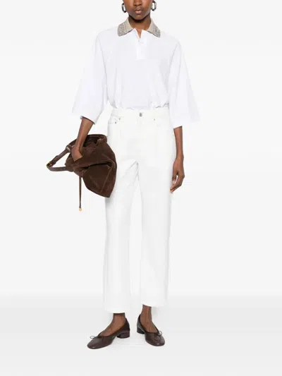 Brunello Cucinelli Women Cotton Jersey Polo Shirt With Dazzling Knit Collar In White