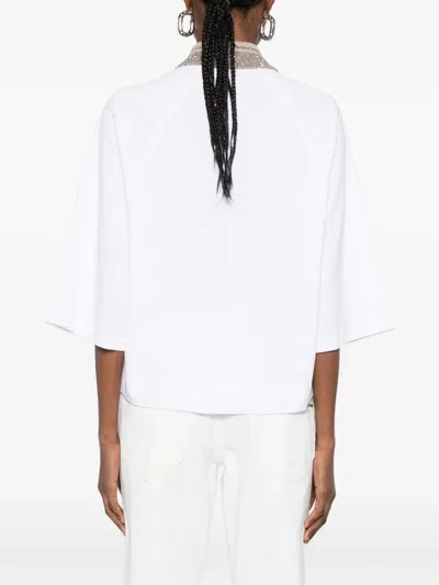 Brunello Cucinelli Women Cotton Jersey Polo Shirt With Dazzling Knit Collar In White