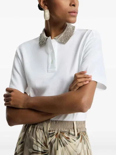 Brunello Cucinelli Women Cotton Jersey Polo Shirt With Dazzling Knit Collar In White