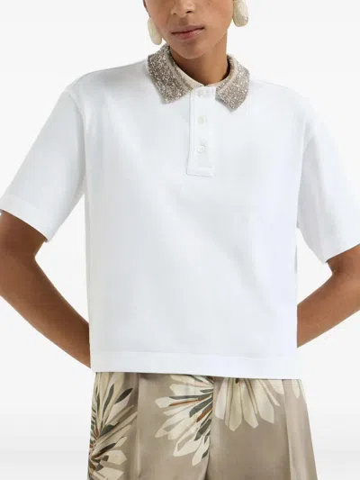 Brunello Cucinelli Women Cotton Jersey Polo Shirt With Dazzling Knit Collar In White