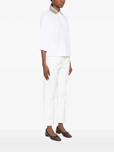 Brunello Cucinelli Women Cotton Jersey Polo Shirt With Dazzling Knit Collar In White
