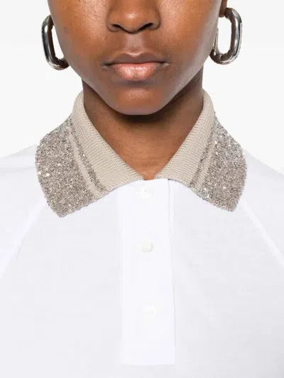 Brunello Cucinelli Women Cotton Jersey Polo Shirt With Dazzling Knit Collar In White
