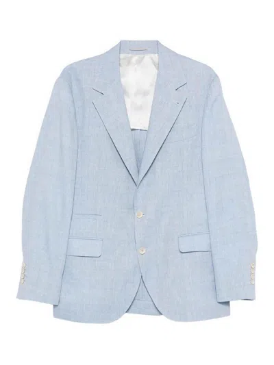 Brunello Cucinelli Linen And Wool Chevron Blazer Light Blue In Blue