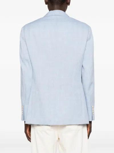 Brunello Cucinelli Linen And Wool Chevron Blazer Light Blue In Blue