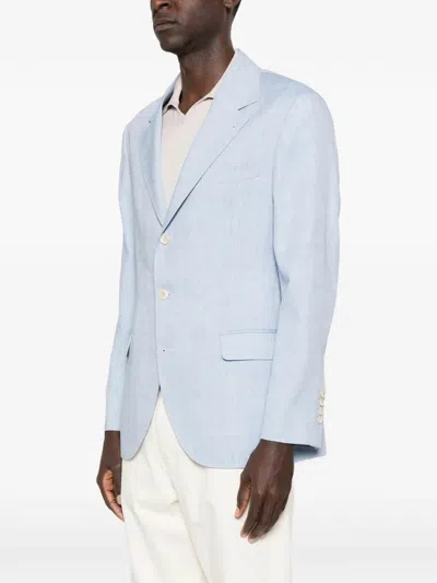 Brunello Cucinelli Linen And Wool Chevron Blazer Light Blue In Blue