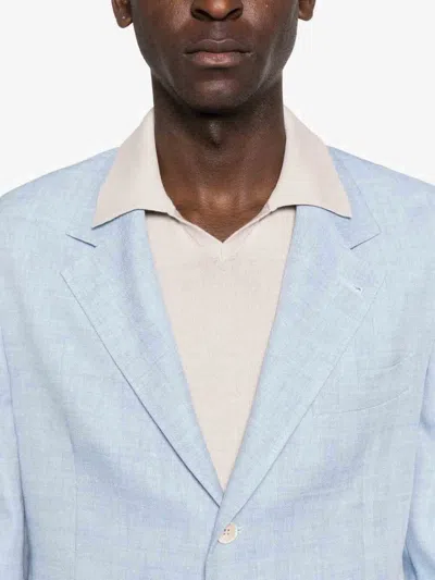 Brunello Cucinelli Linen And Wool Chevron Blazer Light Blue In Blue
