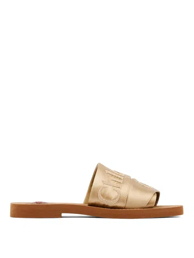 Chloé Woody Satin Sandals Embroidered Logo Rubber Sole In Nude