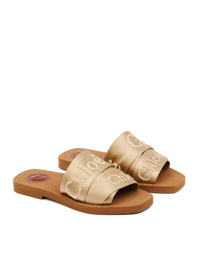 Chloé Woody Satin Sandals Embroidered Logo Rubber Sole In Nude