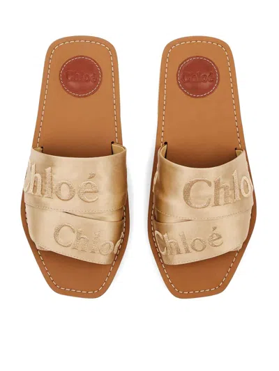 Chloé Woody Satin Sandals Embroidered Logo Rubber Sole In Nude