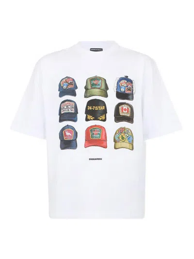 Dsquared2 Men White T-shirt With Front Print And Back Logo In Cotton Man In White