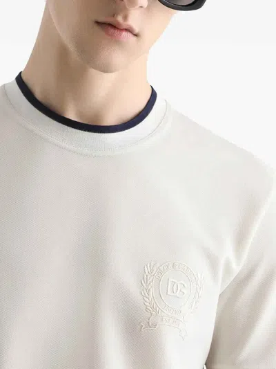 Dolce & Gabbana White Technical Piqué Cotton Tshirt With Embroidery In White