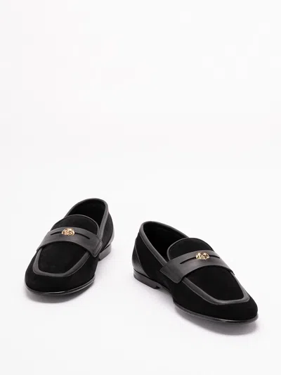 Dolce & Gabbana Ariosto Black Loafers With Metallic Dg Logo Plate On The Front In Leather And Suede Man In Black