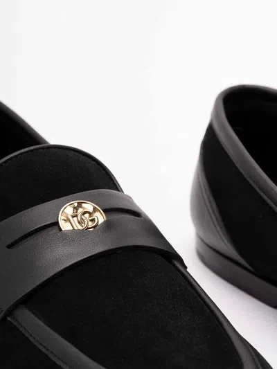 Dolce & Gabbana Ariosto Black Loafers With Metallic Dg Logo Plate On The Front In Leather And Suede Man In Black