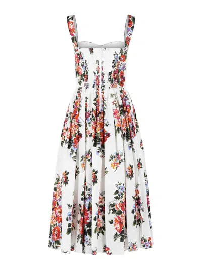 Dolce & Gabbana White Cotton Midi Dress With Floral Print Dolce E Gabbana In Multi