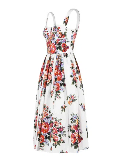 Dolce & Gabbana White Cotton Midi Dress With Floral Print Dolce E Gabbana In Multi