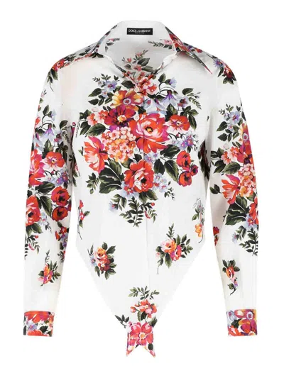 Dolce & Gabbana Cotton Shirt With A Bouquet Of Flowers Print Shirts White In Multi